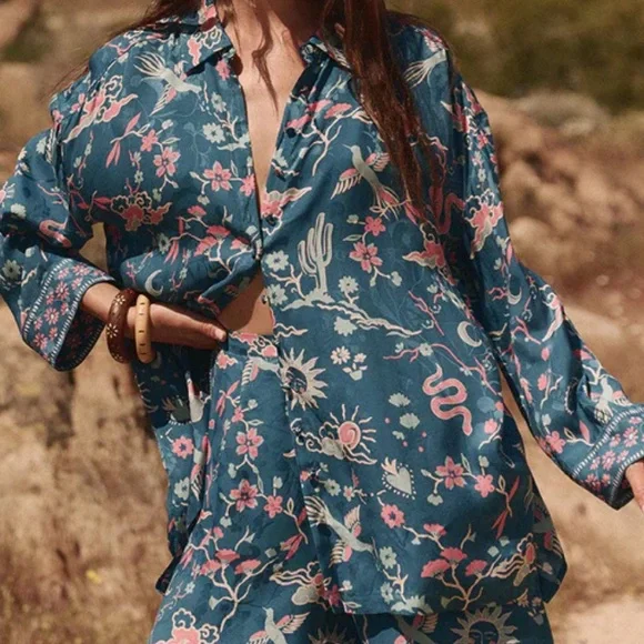 Spell NWT Desert BanditaCobalt Blue and Pink Floral Woven Button Down Shirt